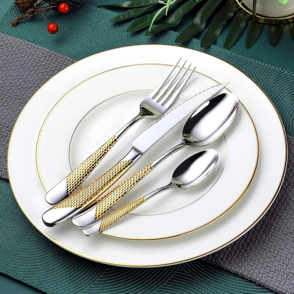 24-Piece Hammered Silver Gold Stainless Steel Flatware Set for 6,