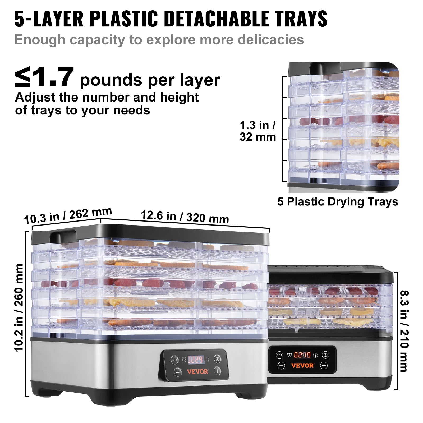 Food Dehydrator Machine, 5 Tray, 300W Stainless Steel Electric Food Dryer w/ Digital Adjustable Timer & Temperature