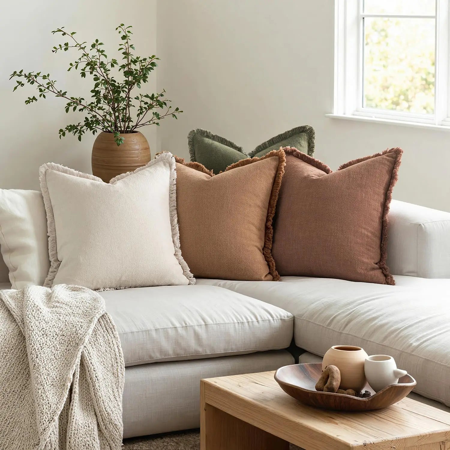 Set of 4 Neutral Linen Fringe Throw Pillows,   Living Room Decor,