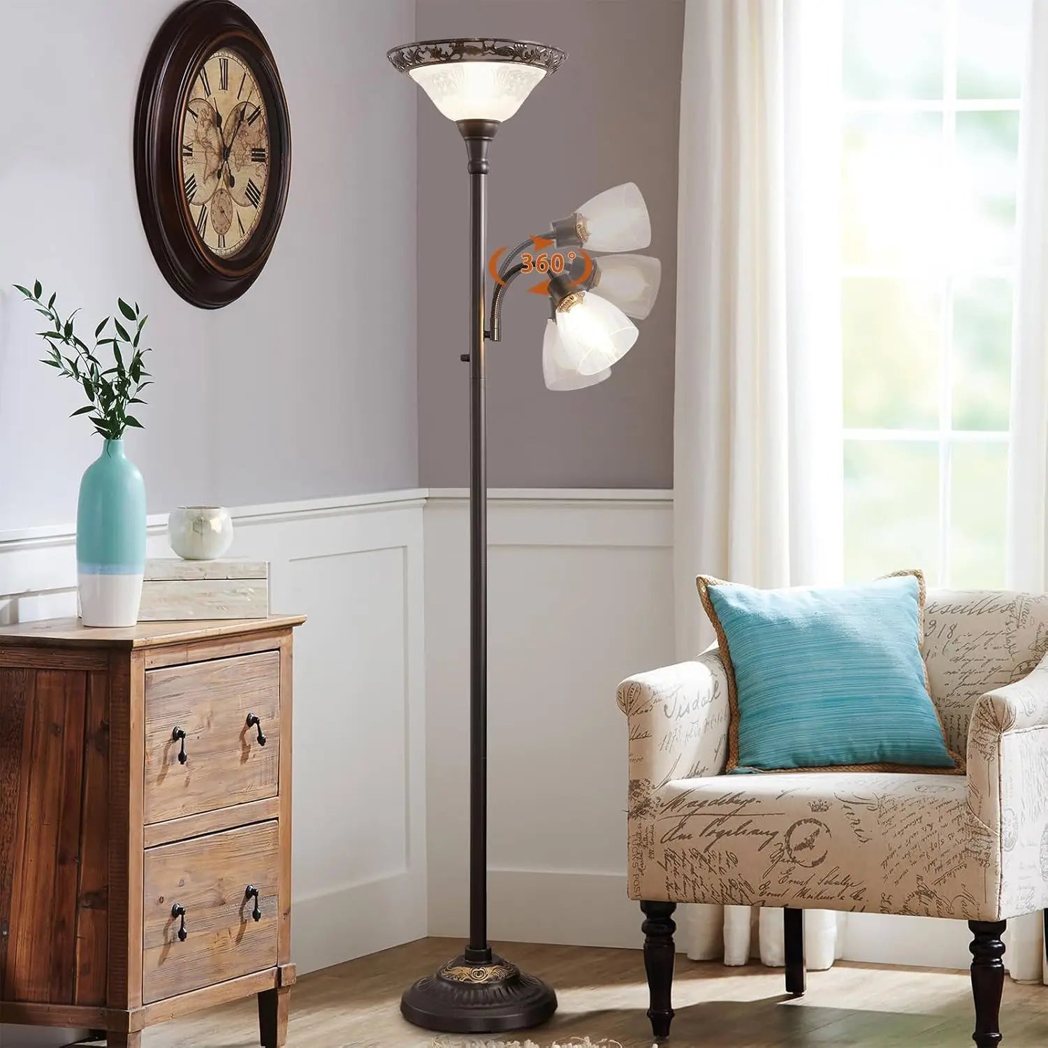 70" Vintage Floor Lamp with Etched Glass Shade