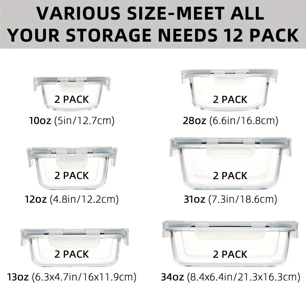 24PCS (12containers+12lids) High Borosilicate Glass Food Storage Containers Set