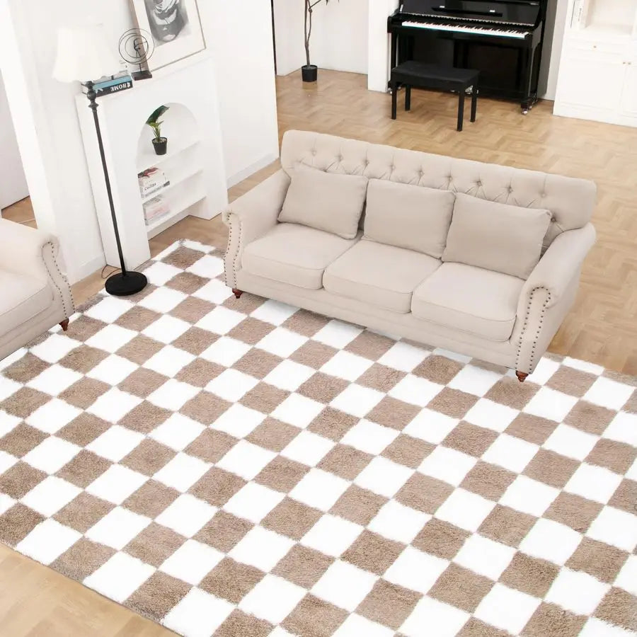 Soft Rug for Bedroom, 6x9 Ft Beige and White Checker Board