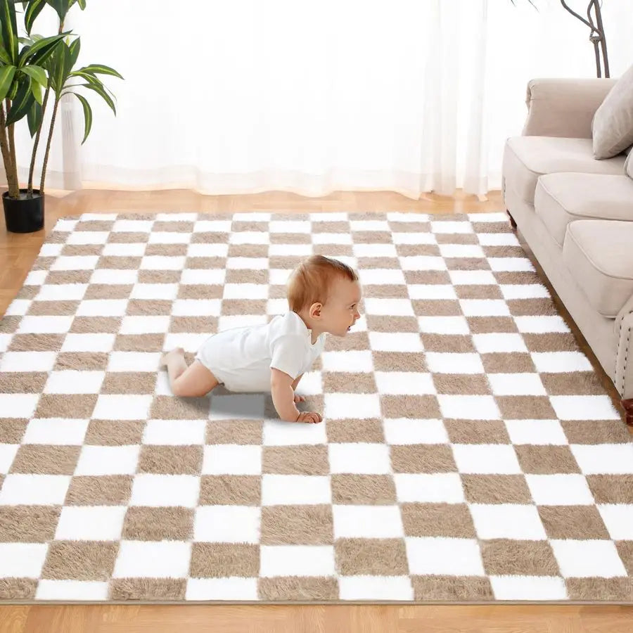 Soft Rug for Bedroom, 6x9 Ft Beige and White Checker Board
