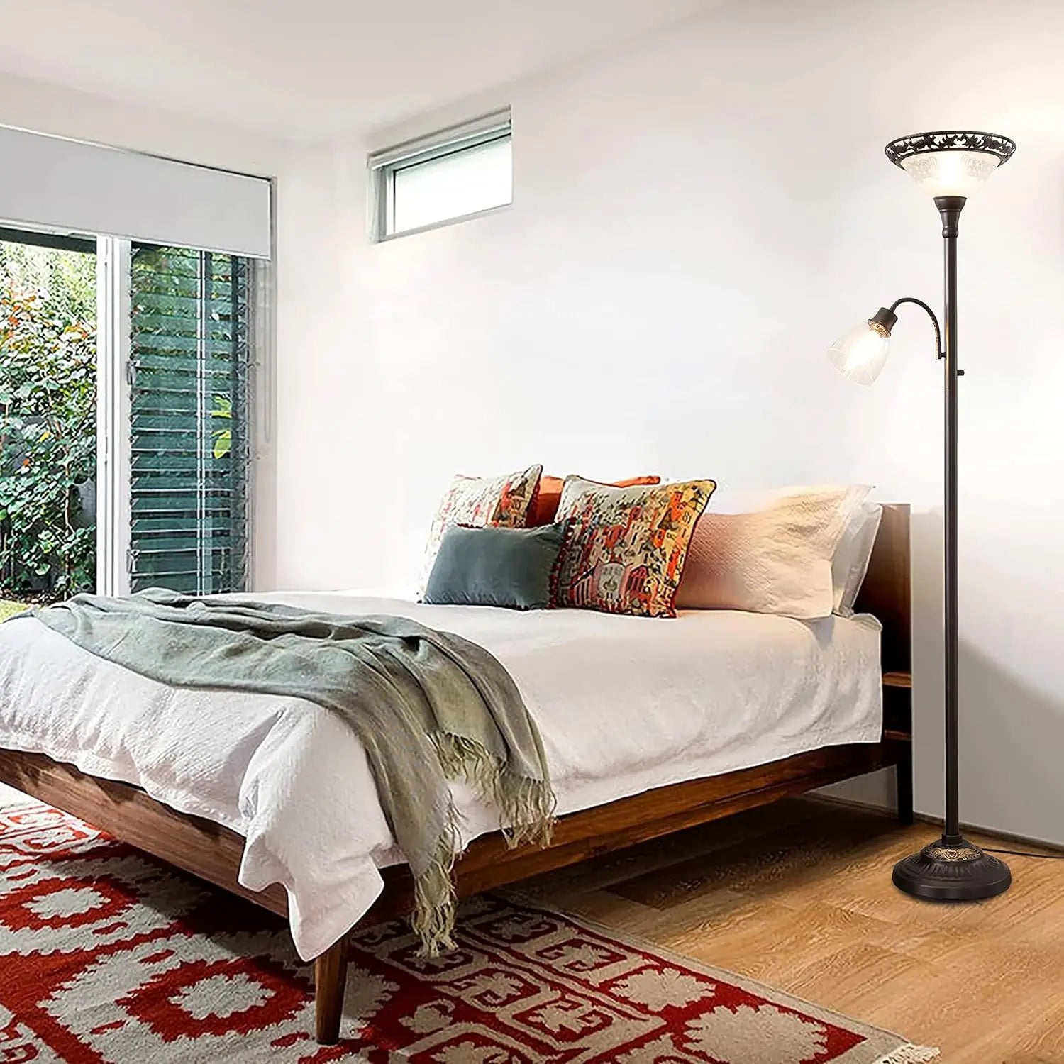 70" Vintage Floor Lamp with Etched Glass Shade