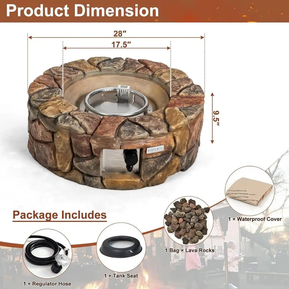 28 Inch Round Propane Gas Fire Pit, 40,000 BTU Stone Look Outdoor Propane Fire Pit with Lava Rocks & PVC Cover,