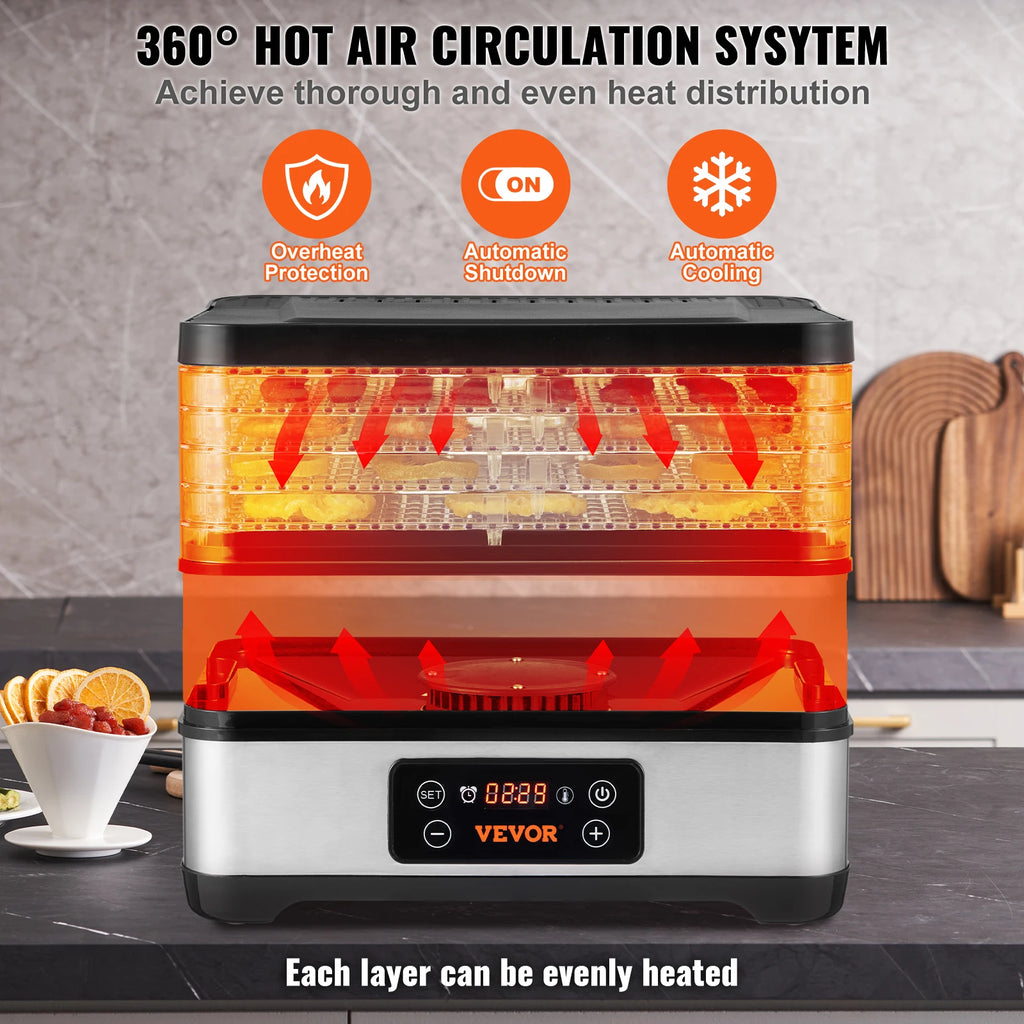 Food Dehydrator Machine, 5 Tray, 300W Stainless Steel Electric Food Dryer w/ Digital Adjustable Timer & Temperature