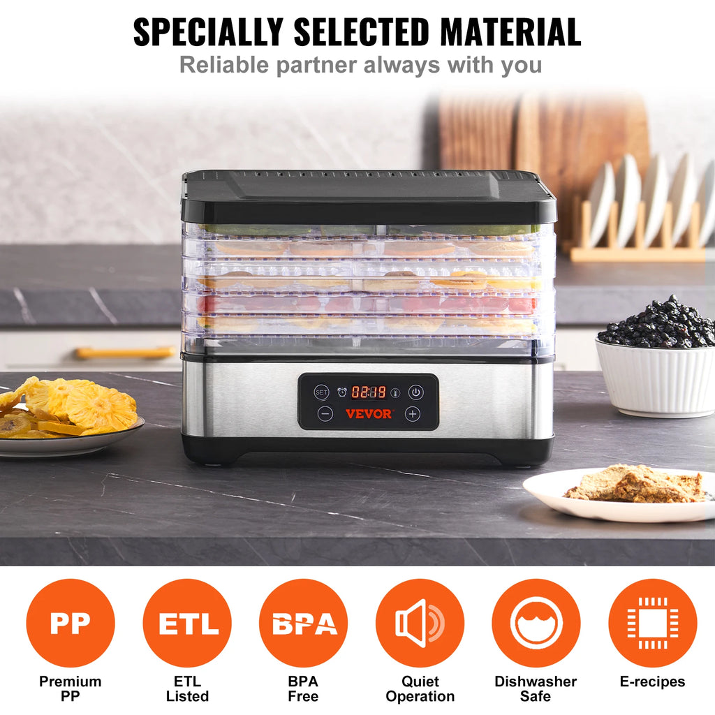 Food Dehydrator Machine, 5 Tray, 300W Stainless Steel Electric Food Dryer w/ Digital Adjustable Timer & Temperature