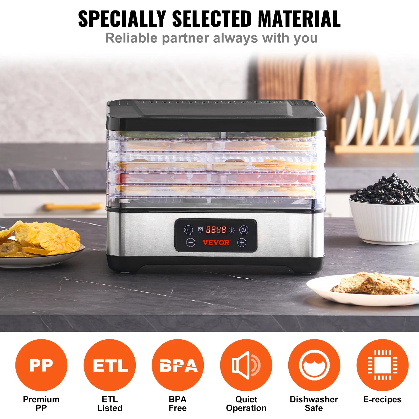 Food Dehydrator Machine, 5 Tray, 300W Stainless Steel Electric Food Dryer w/ Digital Adjustable Timer & Temperature