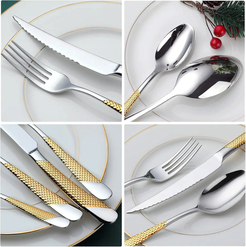 24-Piece Hammered Silver Gold Stainless Steel Flatware Set for 6,