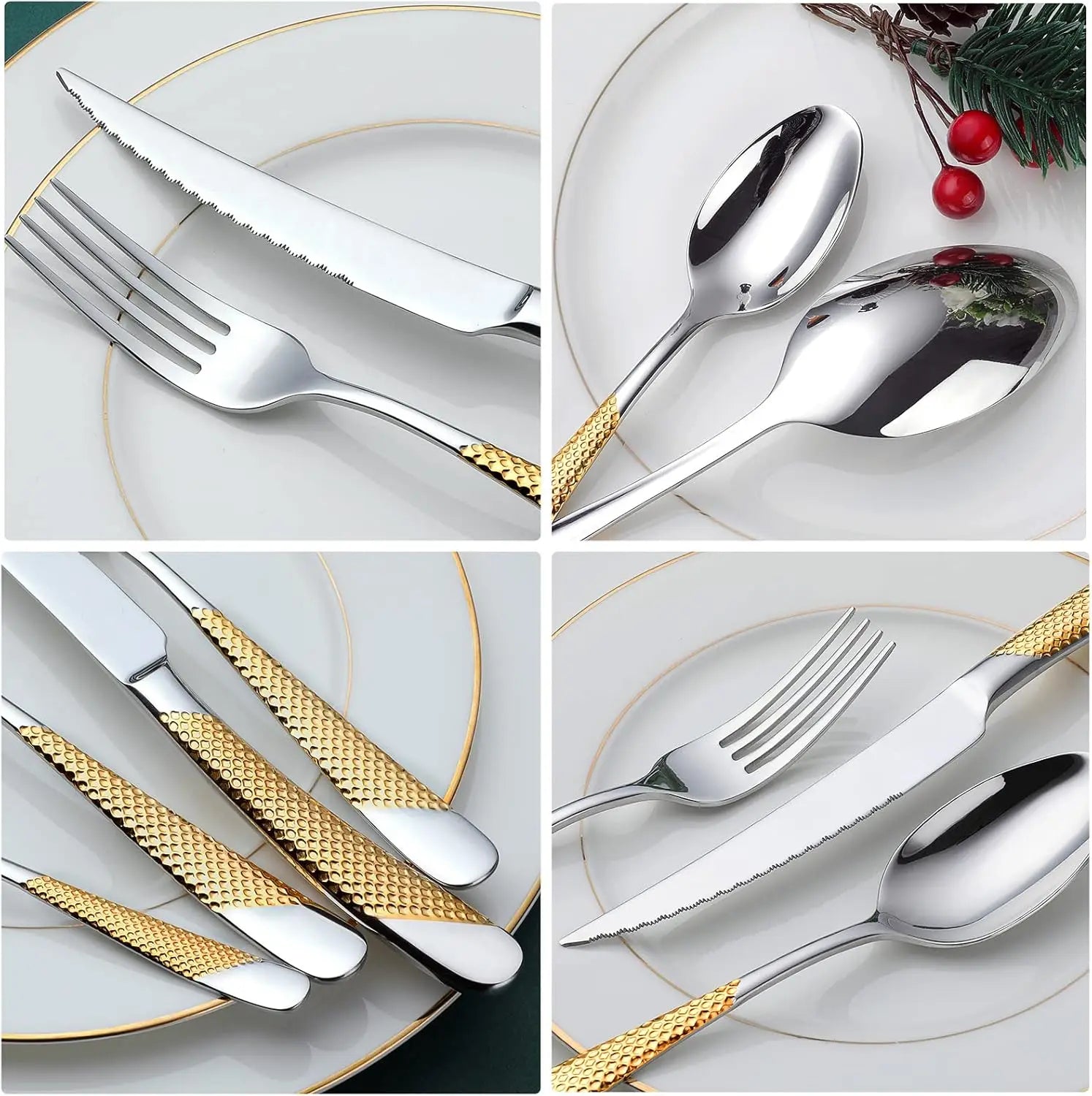24-Piece Hammered Silver Gold Stainless Steel Flatware Set for 6,