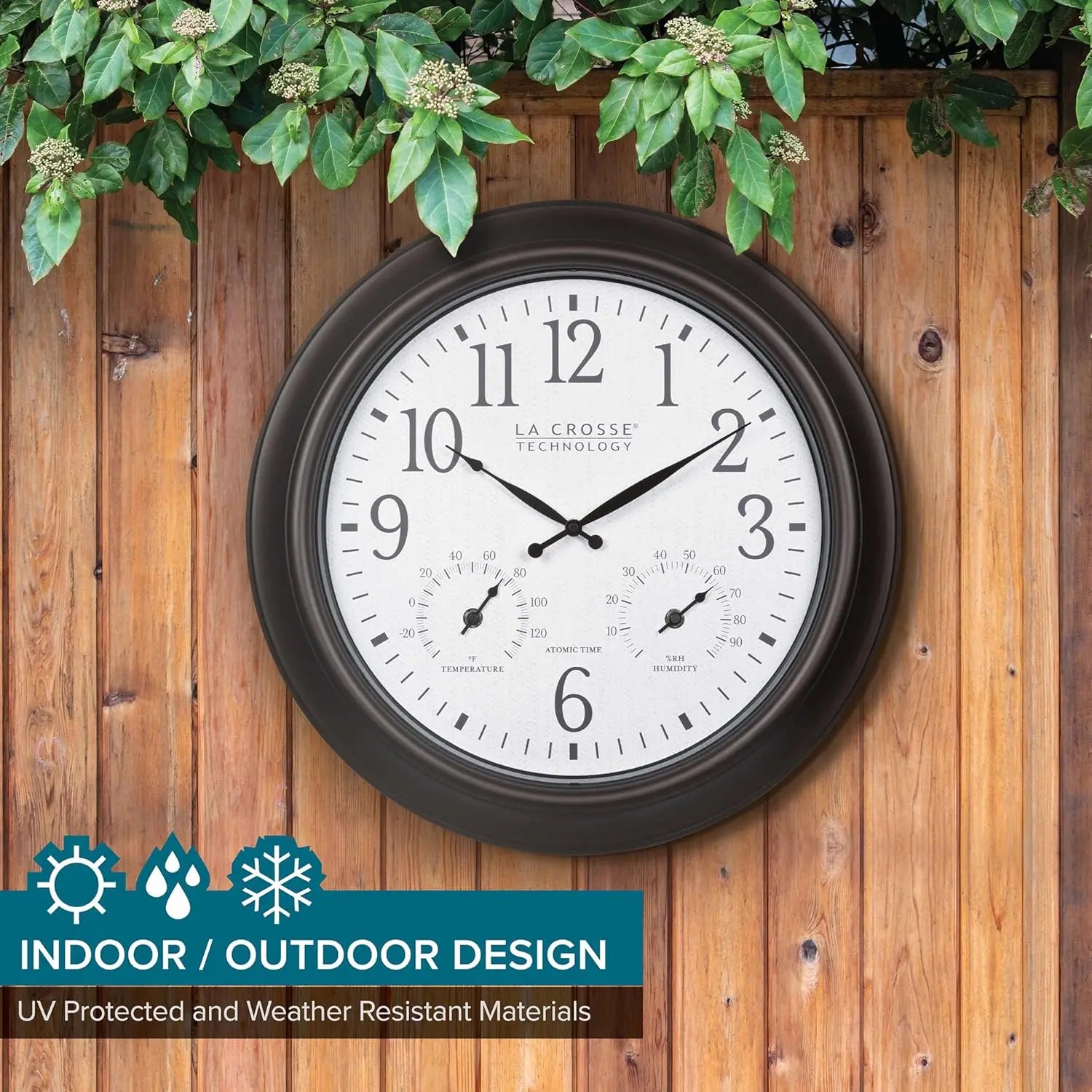 18-Inch Atomic Analog Wall Clock with Temperature & Humidity Display for Indoor/Outdoor Use