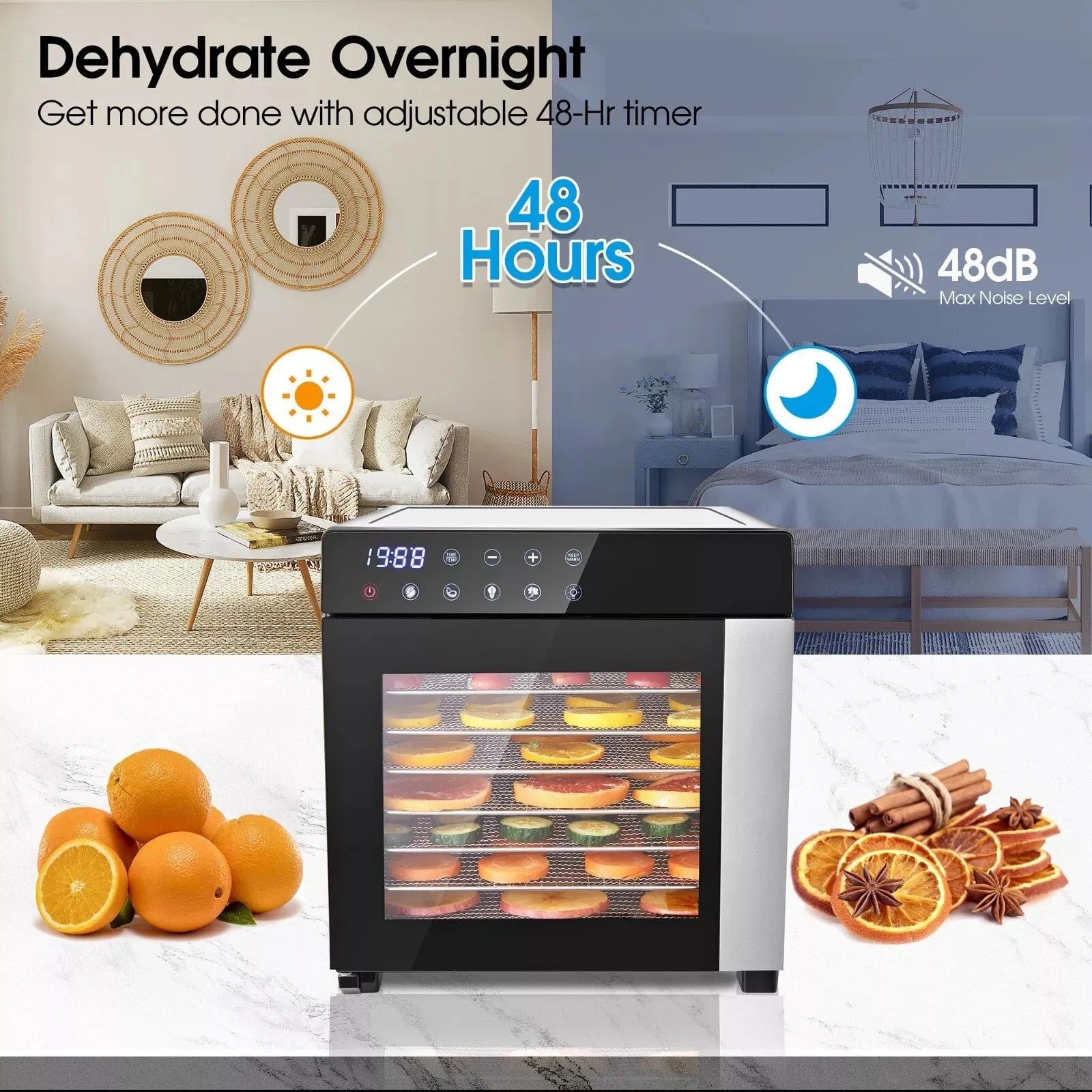 Stainless Steel Food Dehydrator w/8-Tray, 600W with 4 Presets & Digital Timer