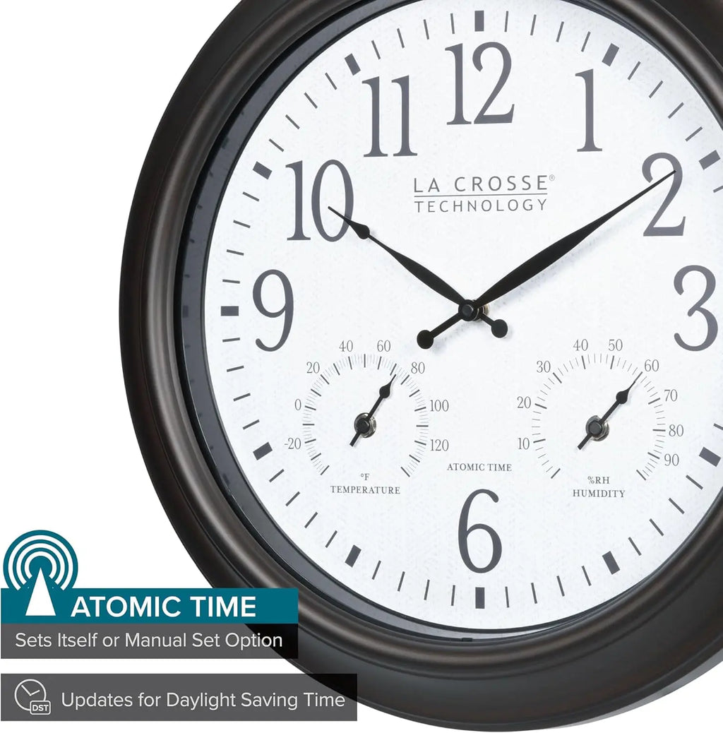 18-Inch Atomic Analog Wall Clock with Temperature & Humidity Display for Indoor/Outdoor Use