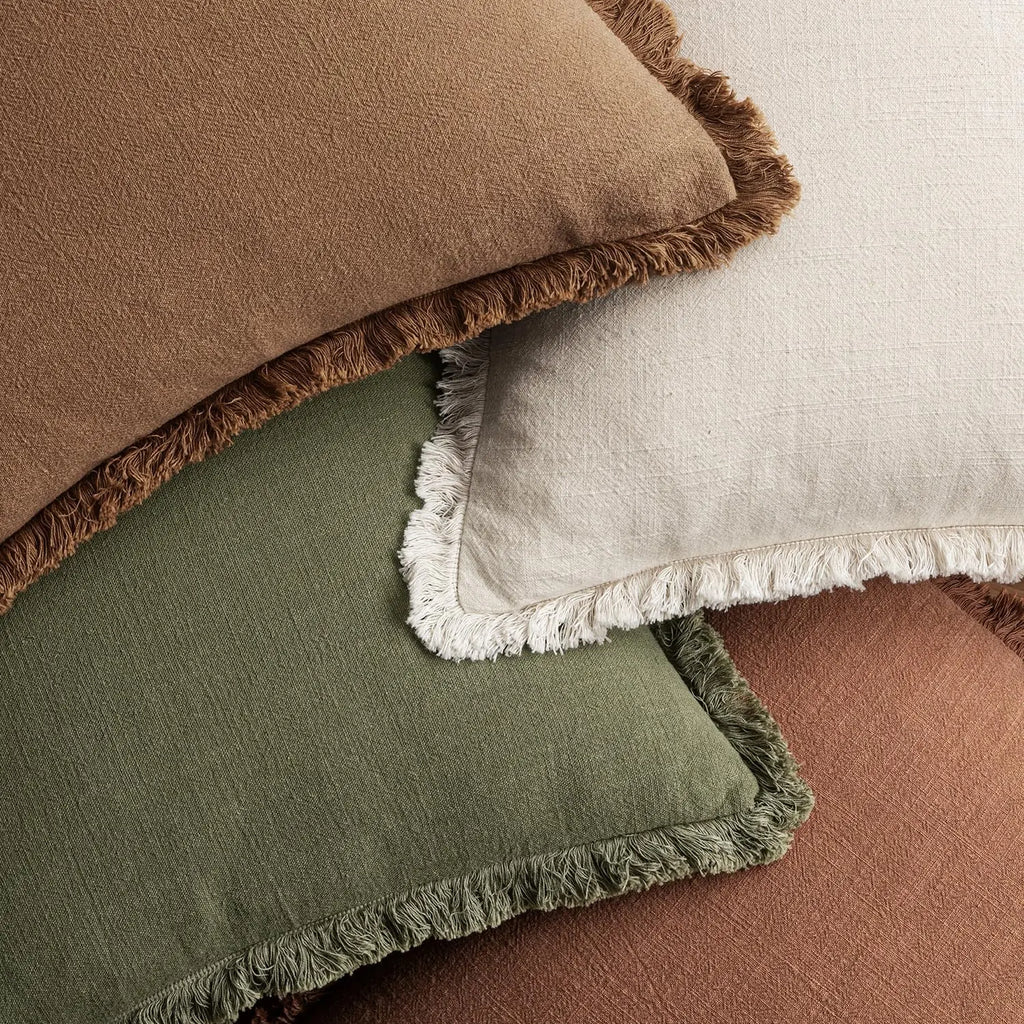 Set of 4 Neutral Linen Fringe Throw Pillows,   Living Room Decor,