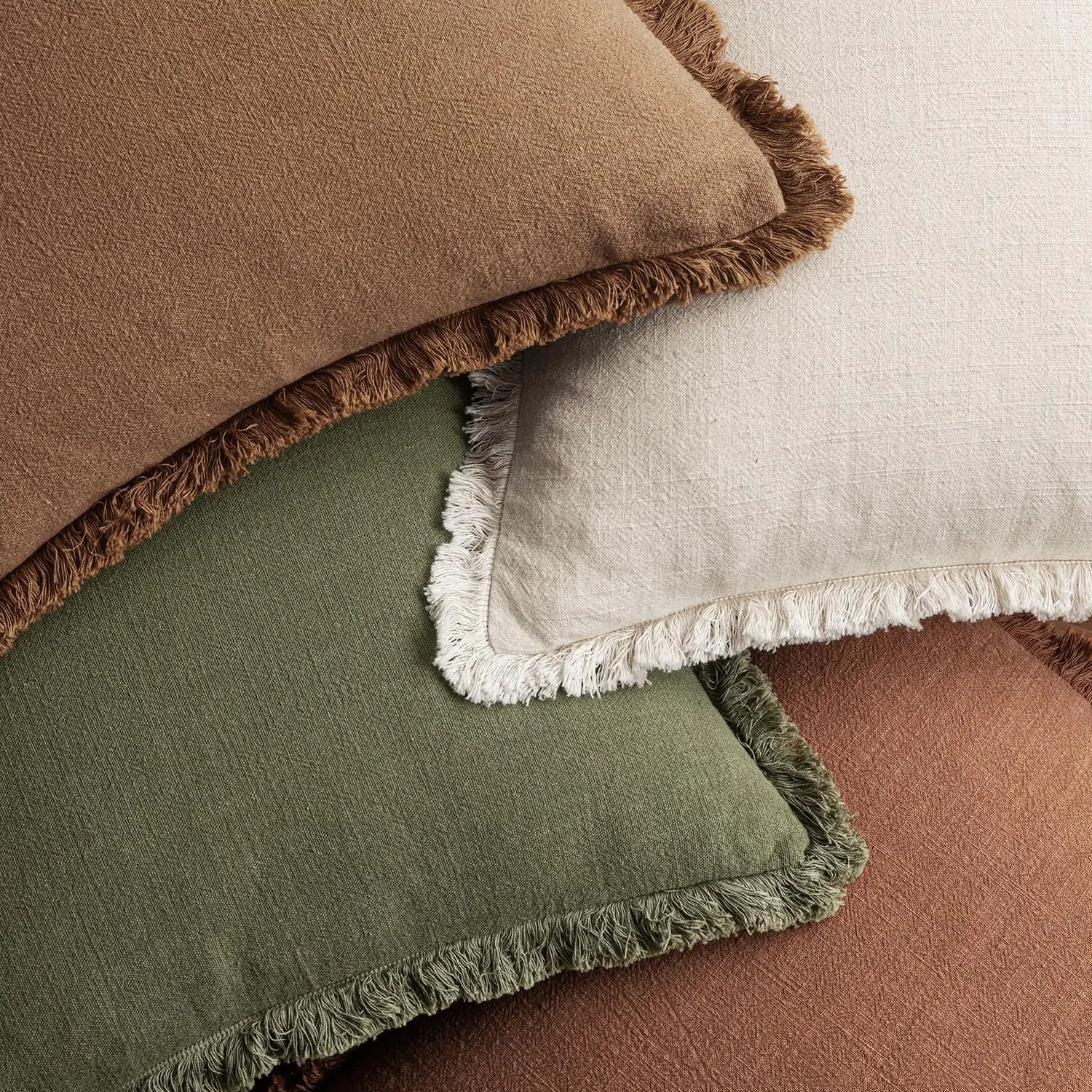 Set of 4 Neutral Linen Fringe Throw Pillows,   Living Room Decor,