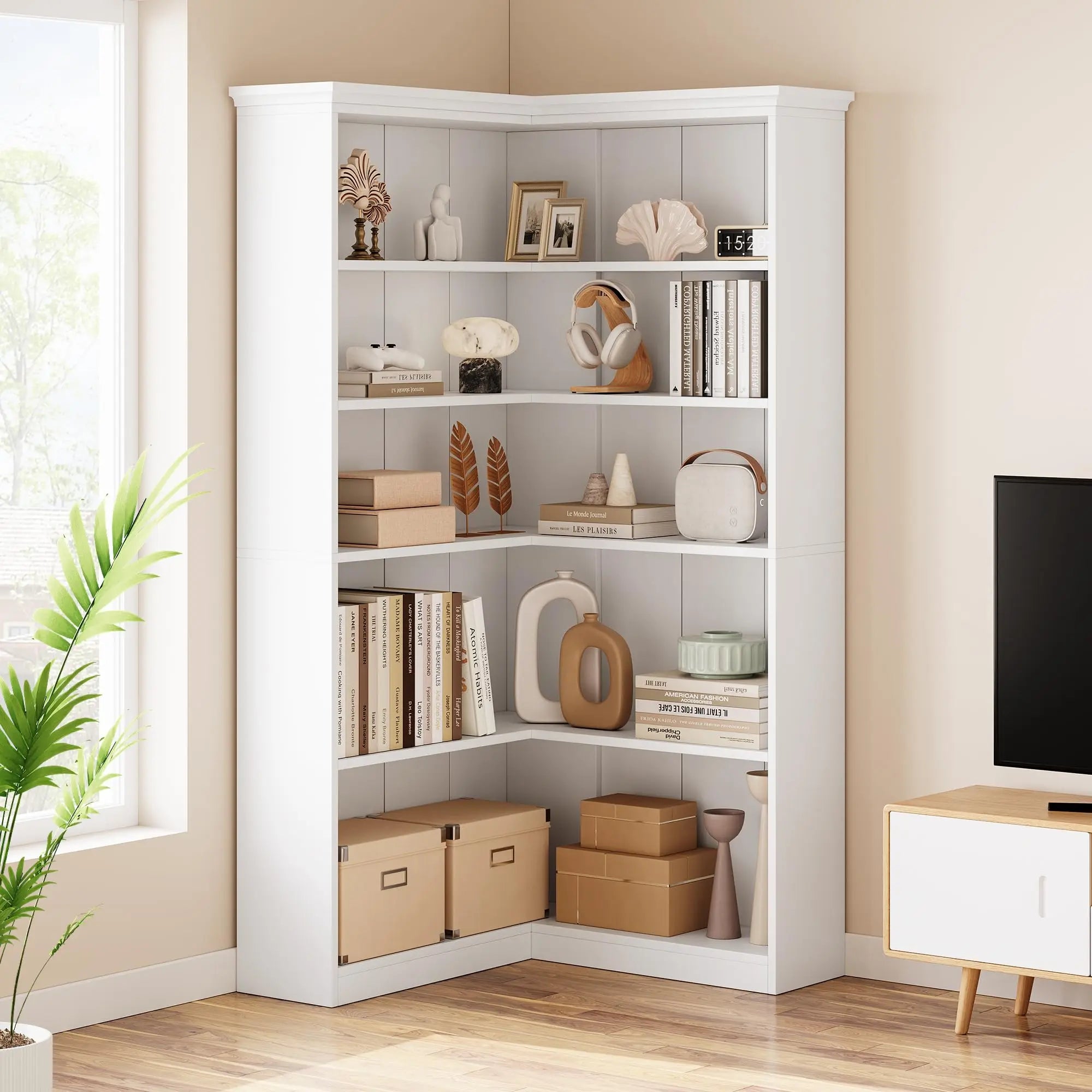 Wooden L-Shaped Corner Bookcase, 72.8" Tall