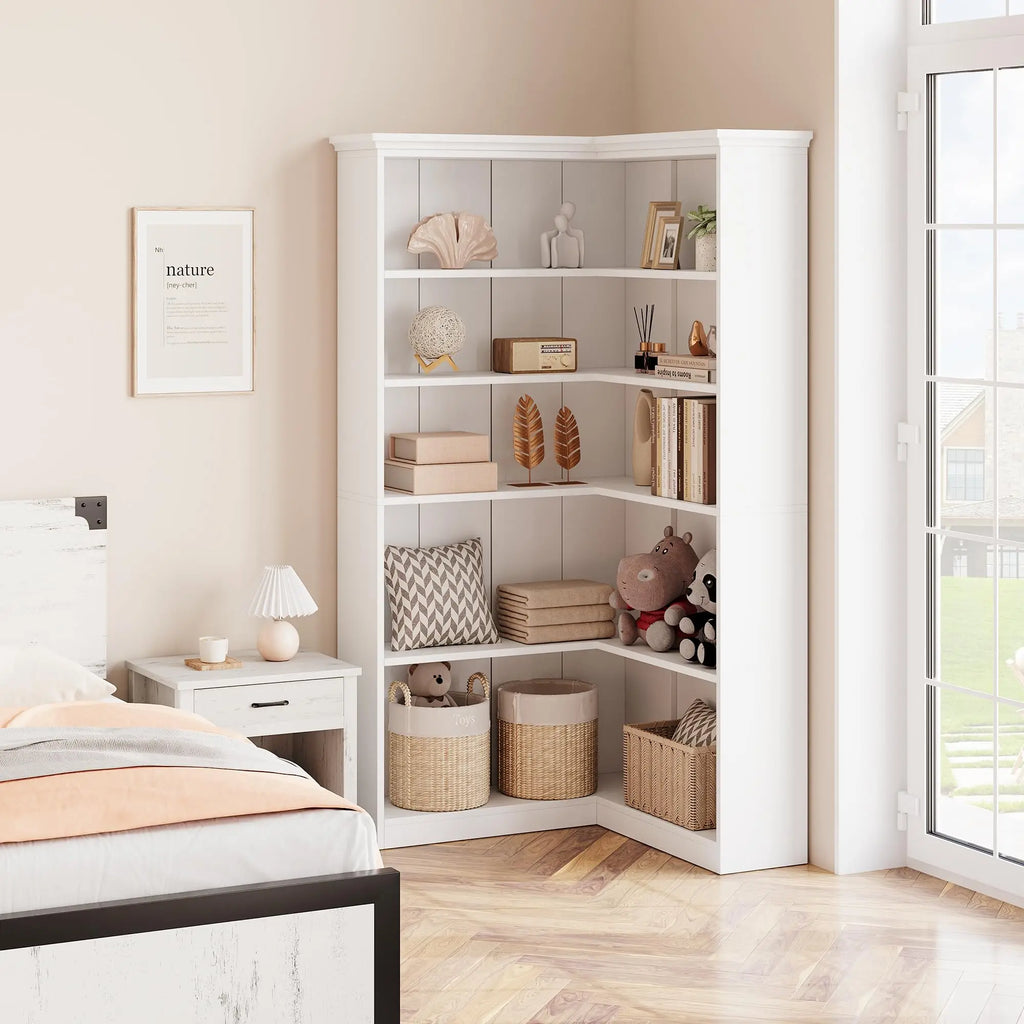 Wooden L-Shaped Corner Bookcase, 72.8" Tall