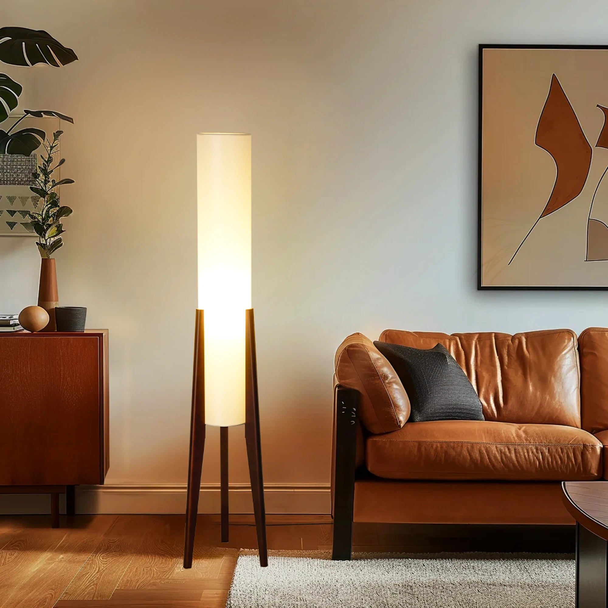 Fabric Floor Lamp Wood Finish Tripod, Cylinder Shade Tall Standing Lamp, Rustic Living Room Floor Lamp, Vintage Style Standing L