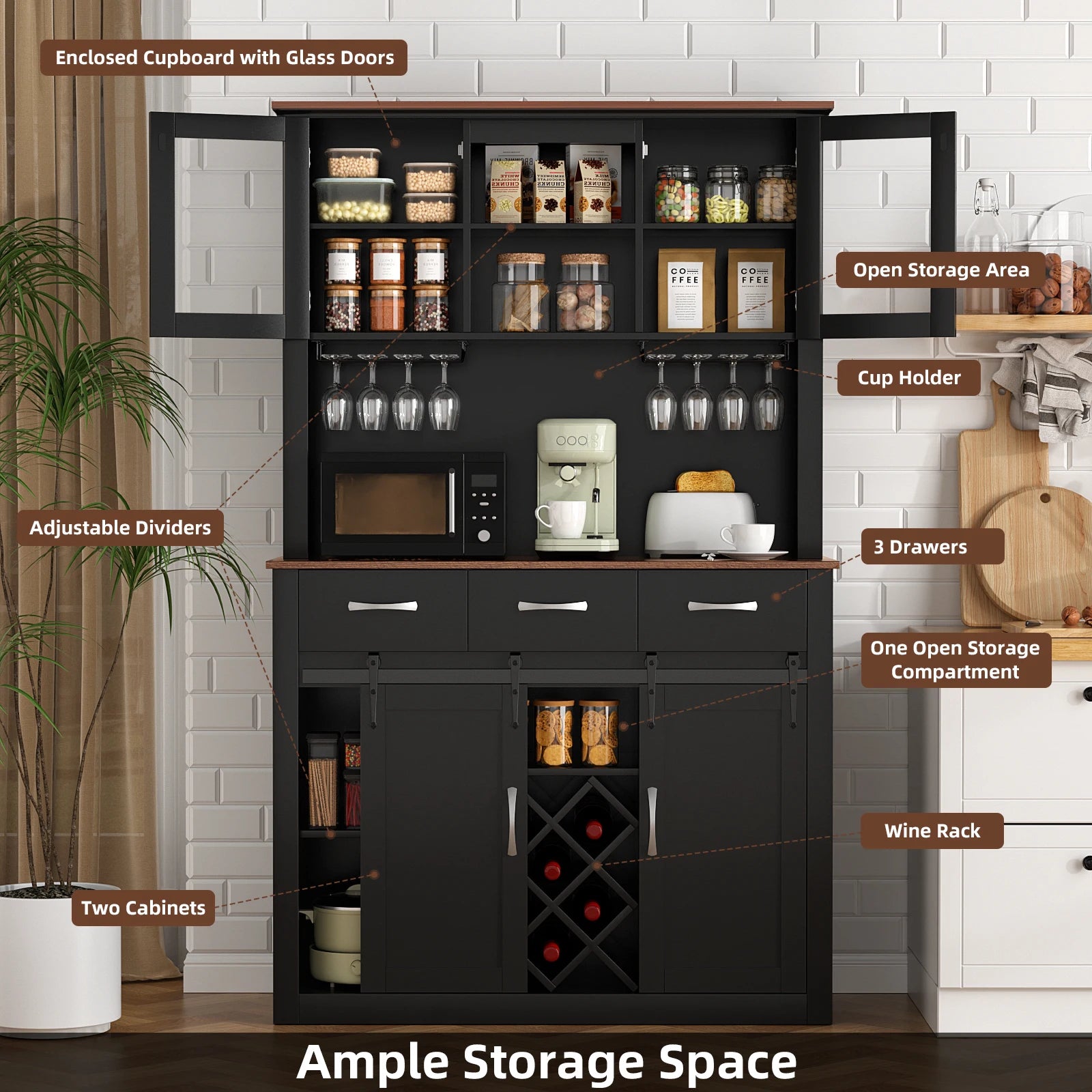 VOWNER 72" Tall Farmhouse Bar Cabinet with Sliding Barn Doors,