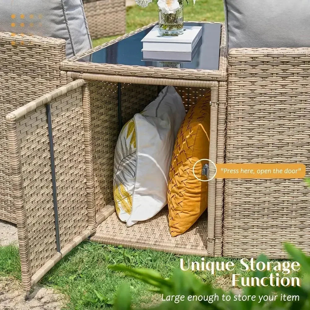 11-Piece Outdoor Wicker Sectional Sofa Set with Storage Wedge Table, Weather-Resistant for Patio, Garden, or Deck, Beige
