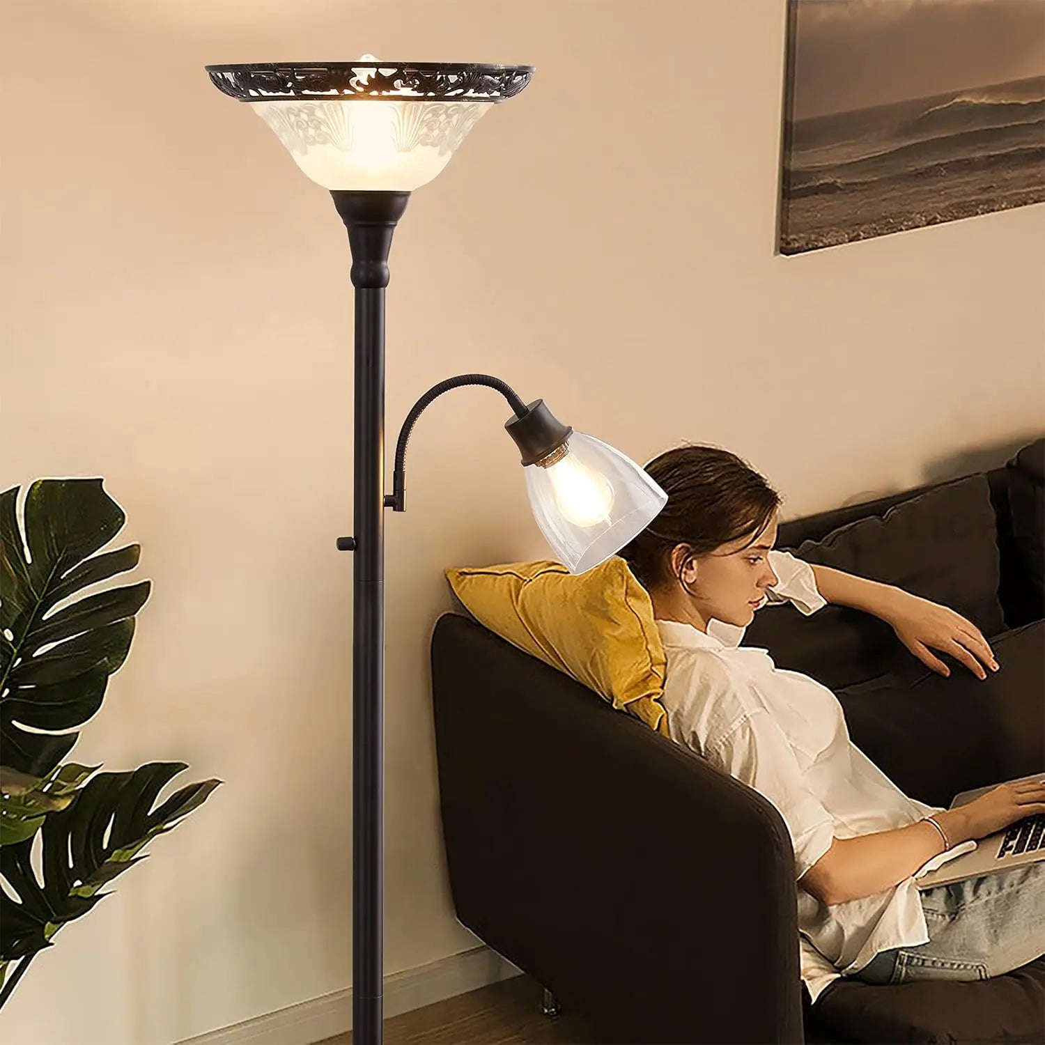 70" Vintage Floor Lamp with Etched Glass Shade