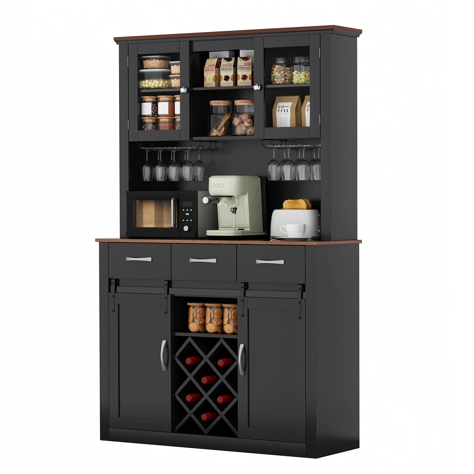 VOWNER 72" Tall Farmhouse Bar Cabinet with Sliding Barn Doors,