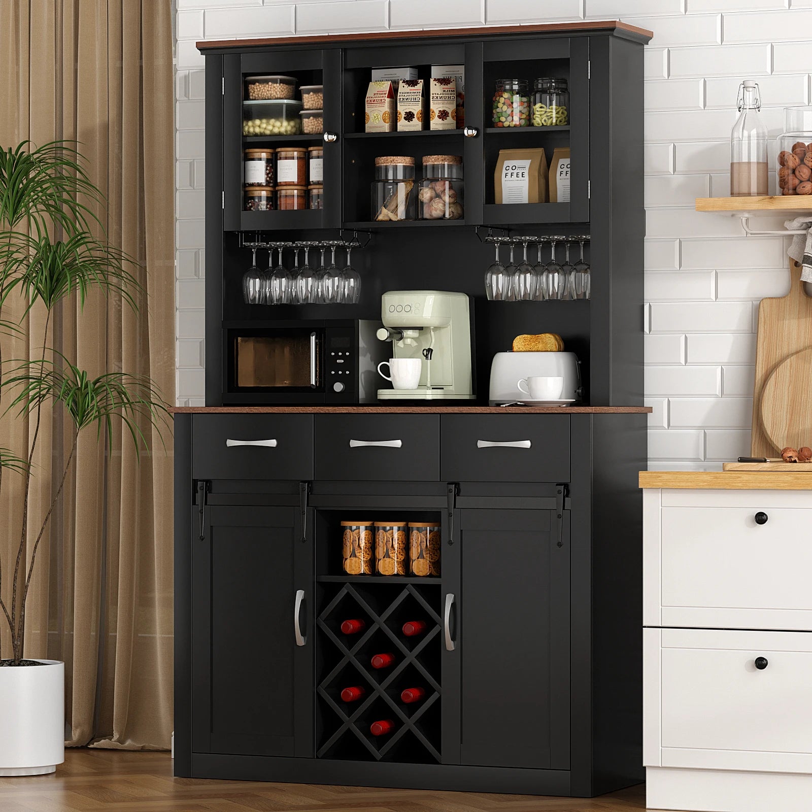 VOWNER 72" Tall Farmhouse Bar Cabinet with Sliding Barn Doors,